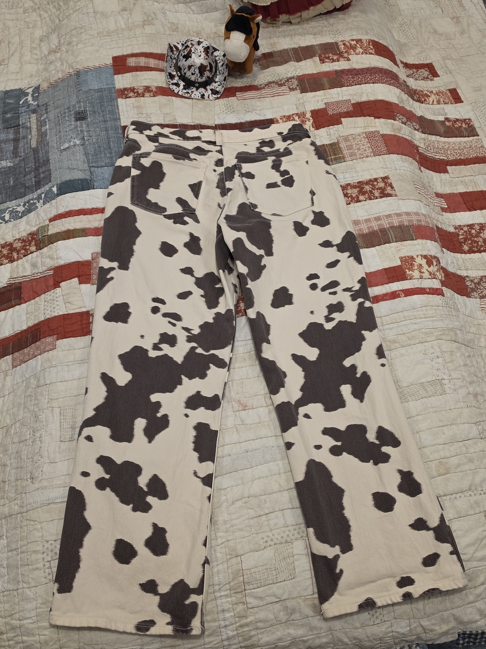 Women's Cow-Print Wide Leg Jeans - Cream and Brown - Picture 2 of 3